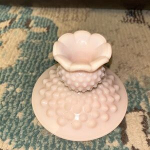 Vintage Fenton Rose Pastel Pink Milk Glass Hobnail Candle Holder Stick